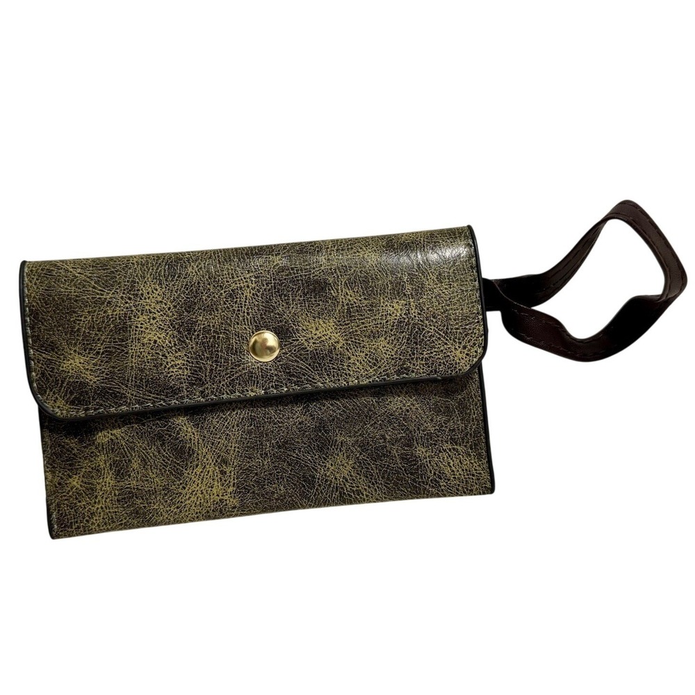 Vintage Style Distressed Crackle Wristlet Clutch Bag Olive Green Black Snap